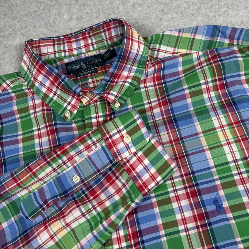 Ralph Lauren Men's 2XLT Tall Blue Green Plaid Button Down Shirt Cotton Logo